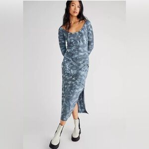 Free People Long Sleeve True Colors Ribbed Knit Midi Dress Indigo Combo Tie Dye